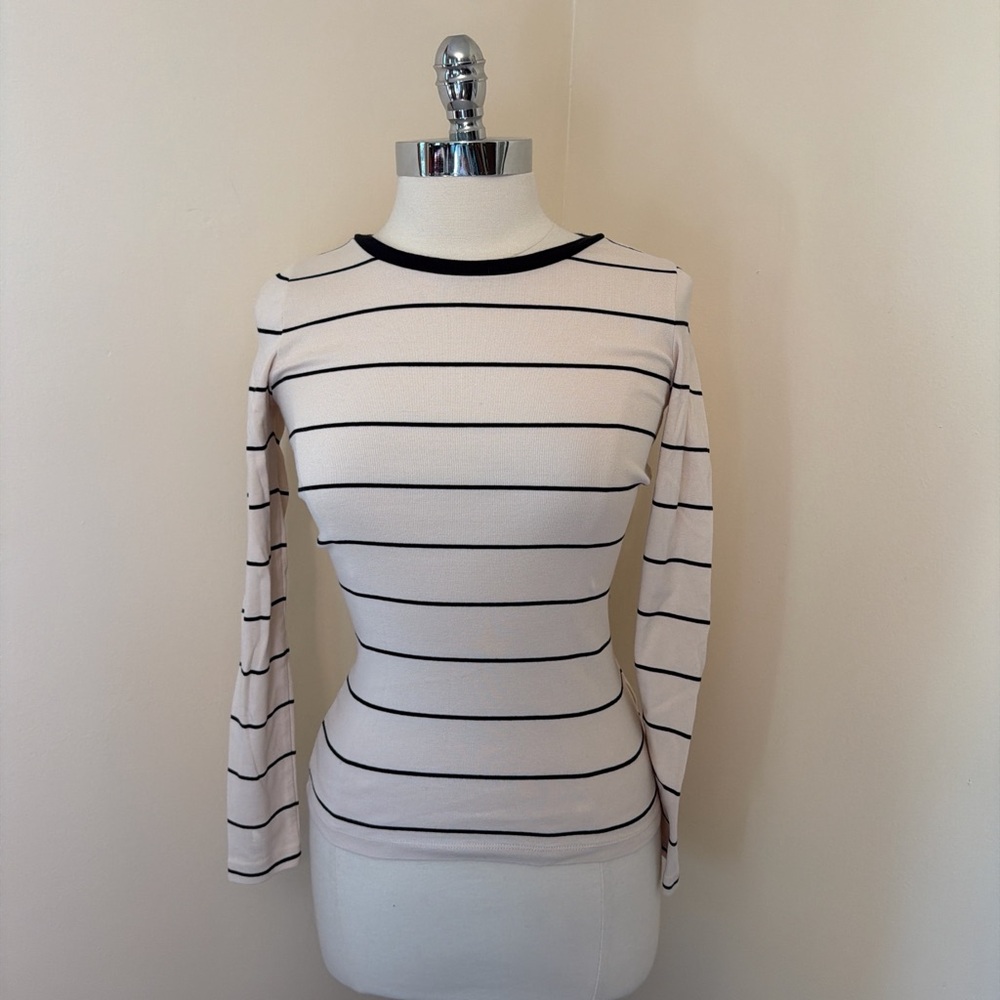 J. Crew Cream and Black Striped Long Sleeve T Shirt S